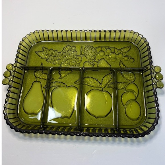 Indiana Glass Other - Indiana Glass Olive Green Fruit Embossed Divided Relish Tray Serving Dish Vntg